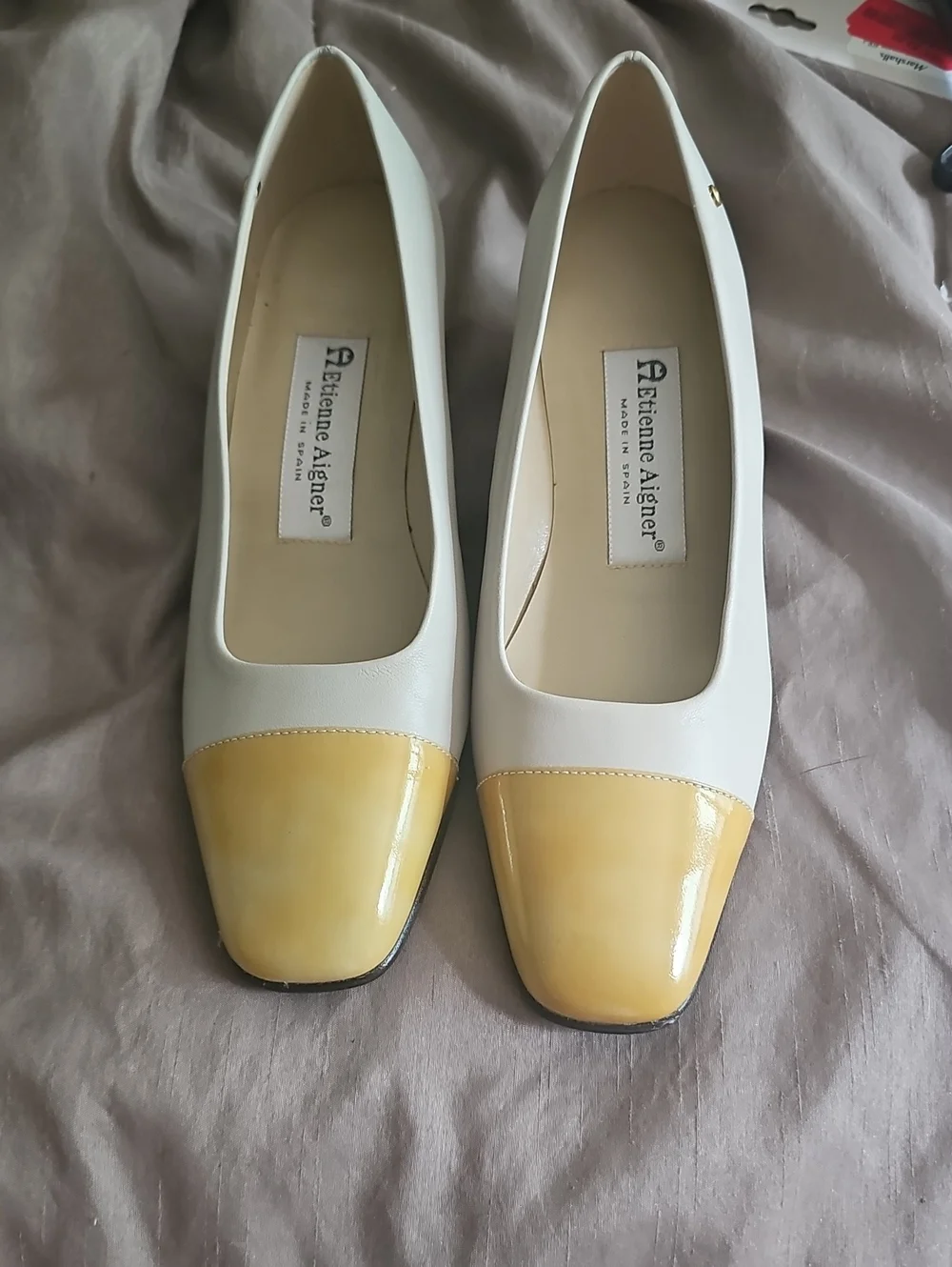 Etienne Aigner White Flats with Yellow Patent Cap Toe Accent